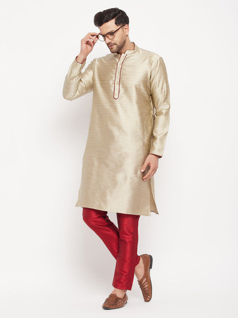 Vastramay Men's Beige Silk Blend Kurta and Maroon Pant Style Pyjama Set
